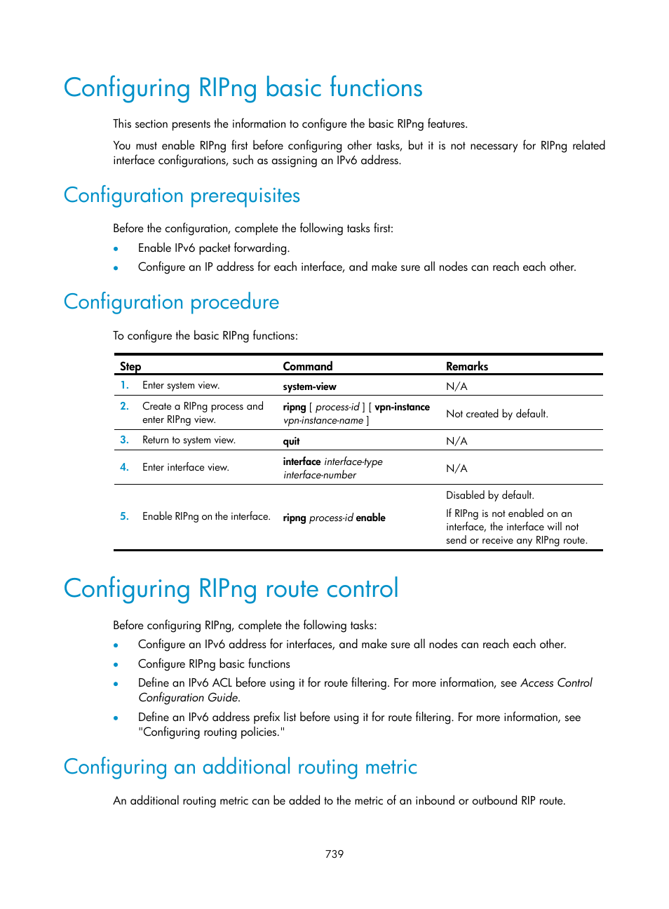 Configuring ripng basic functions, Configuration prerequisites, Configuration procedure | Configuring ripng route control, Configuring an additional routing metric | H3C Technologies H3C SecPath F1000-E User Manual | Page 764 / 967