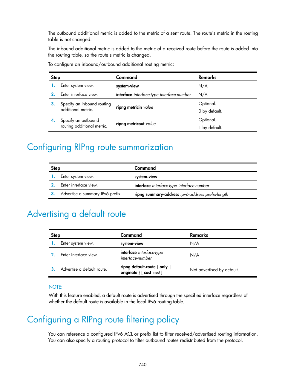 Configuring ripng route summarization, Advertising a default route, Configuring a ripng route filtering policy | H3C Technologies H3C SecPath F1000-E User Manual | Page 765 / 967