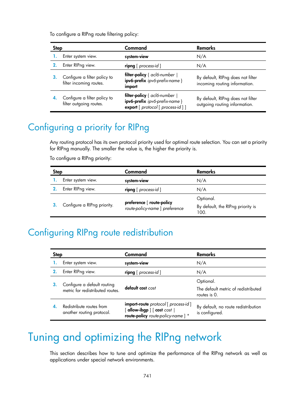 Configuring a priority for ripng, Configuring ripng route redistribution, Tuning and optimizing the ripng network | H3C Technologies H3C SecPath F1000-E User Manual | Page 766 / 967