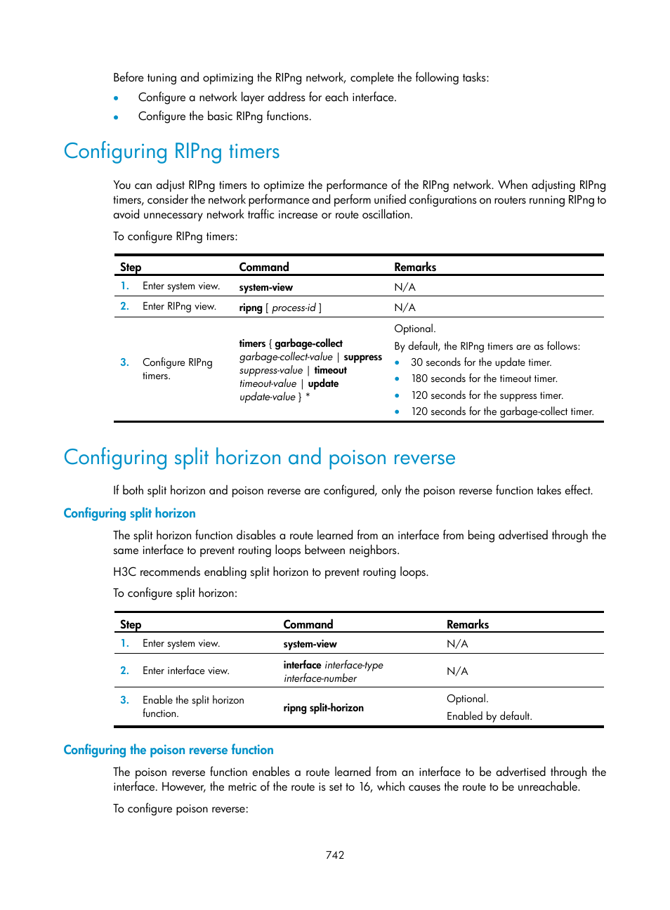 Configuring ripng timers, Configuring split horizon and poison reverse, Configuring split horizon | Configuring the poison reverse function | H3C Technologies H3C SecPath F1000-E User Manual | Page 767 / 967