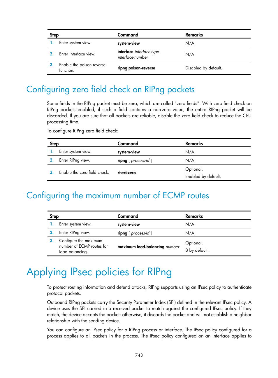 Configuring zero field check on ripng packets, Configuring the maximum number of ecmp routes, Applying ipsec policies for ripng | H3C Technologies H3C SecPath F1000-E User Manual | Page 768 / 967