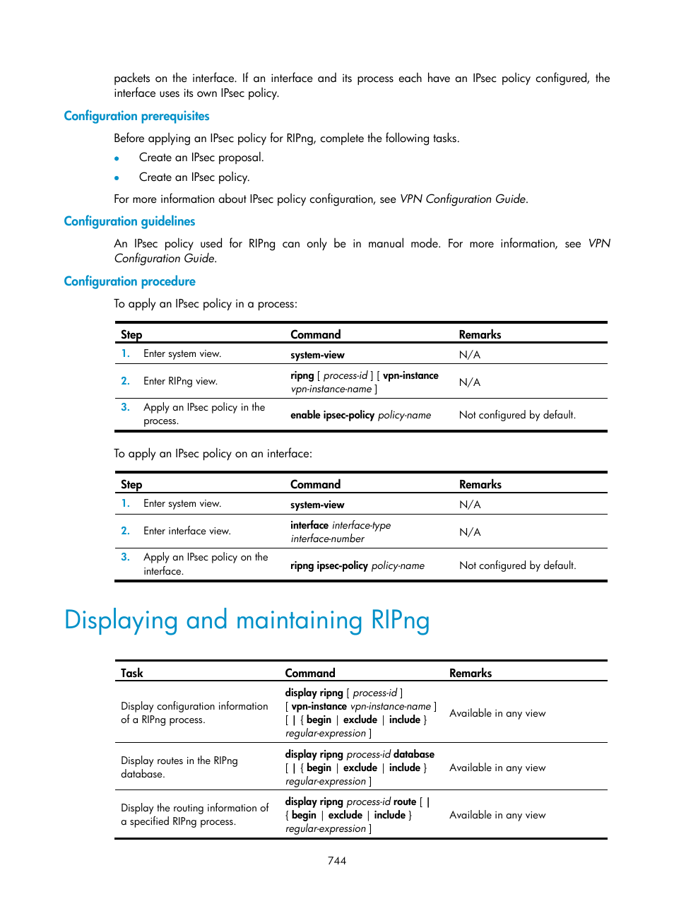 Configuration prerequisites, Configuration guidelines, Configuration procedure | Displaying and maintaining ripng | H3C Technologies H3C SecPath F1000-E User Manual | Page 769 / 967