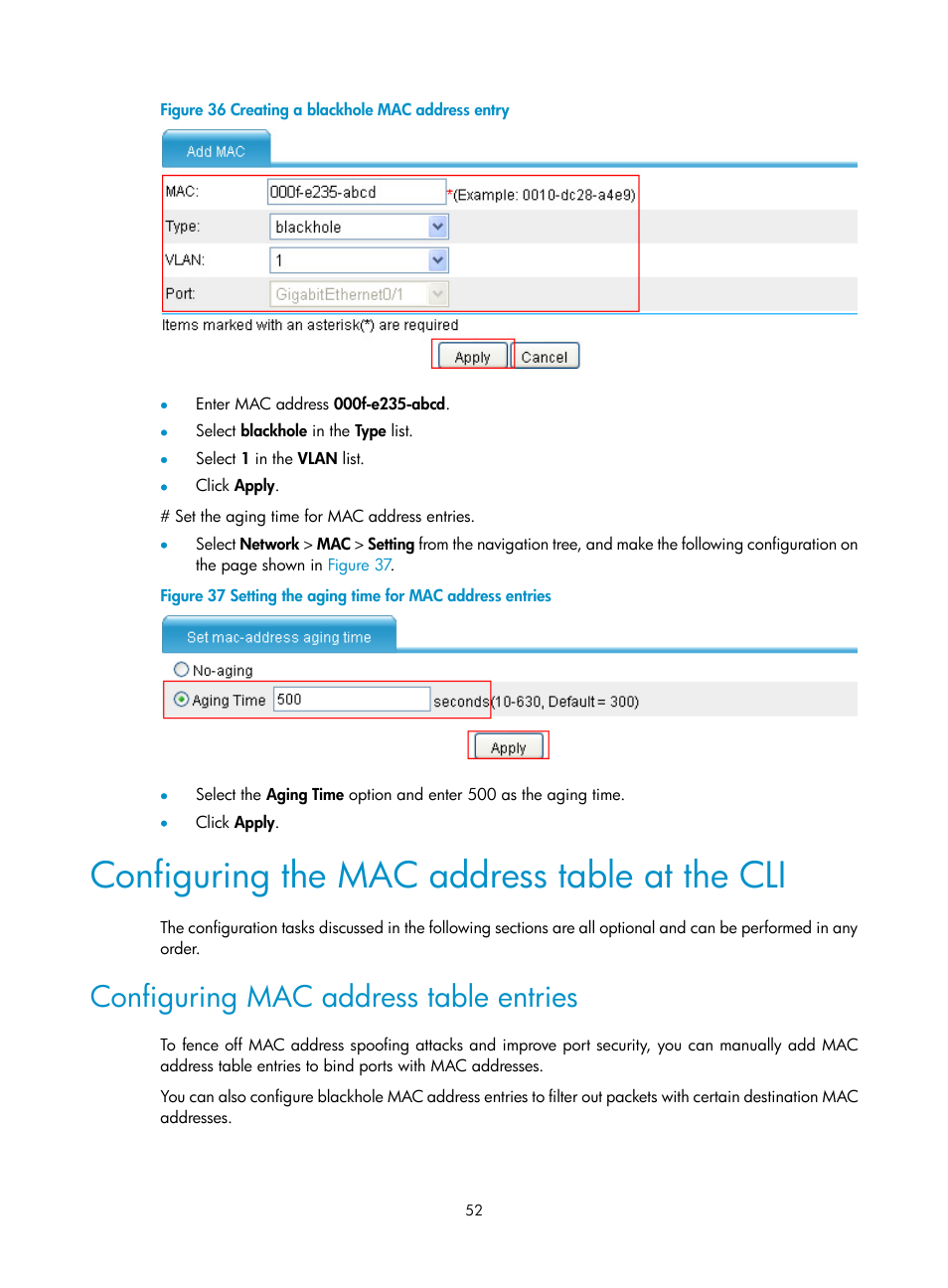 Configuring the mac address table at the cli, Configuring mac address table entries, N in | Figure 36 | H3C Technologies H3C SecPath F1000-E User Manual | Page 77 / 967