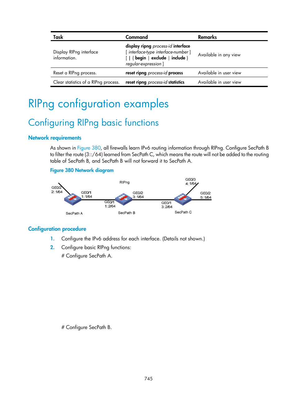 Ripng configuration examples, Configuring ripng basic functions, Network requirements | Configuration procedure | H3C Technologies H3C SecPath F1000-E User Manual | Page 770 / 967