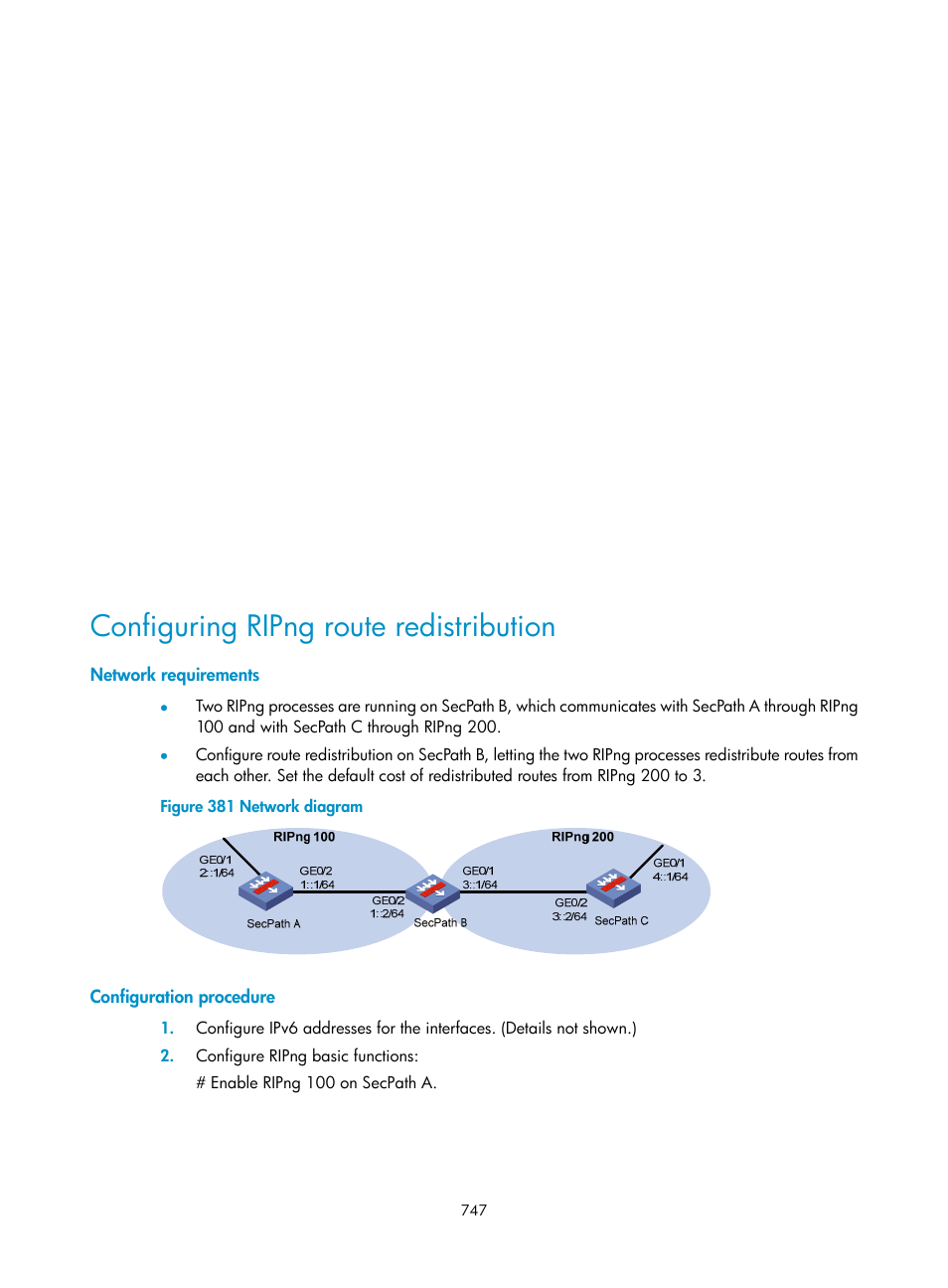 Configuring ripng route redistribution, Network requirements, Configuration procedure | H3C Technologies H3C SecPath F1000-E User Manual | Page 772 / 967