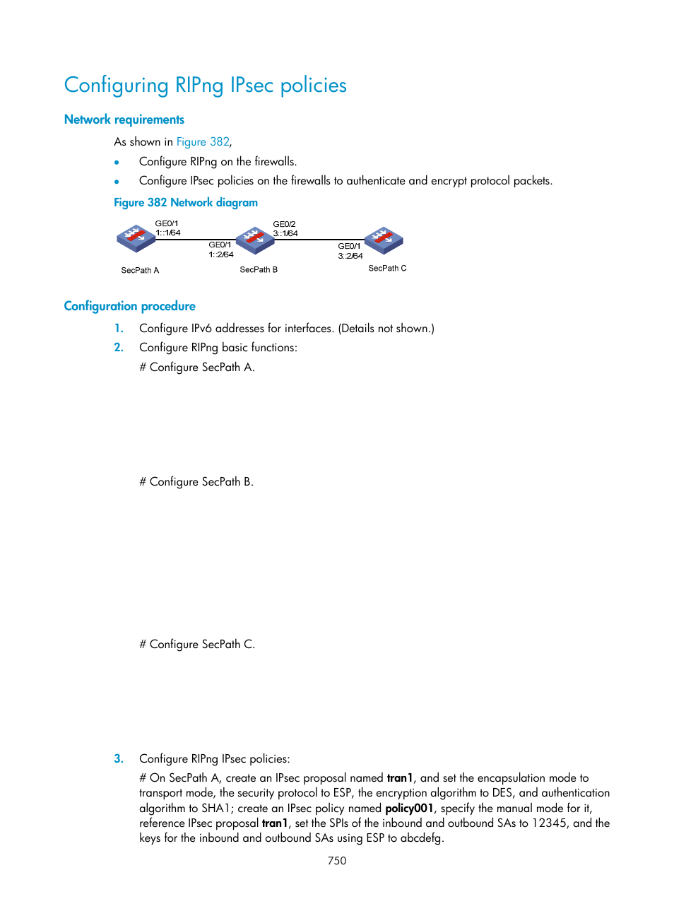 Configuring ripng ipsec policies, Network requirements, Configuration procedure | H3C Technologies H3C SecPath F1000-E User Manual | Page 775 / 967