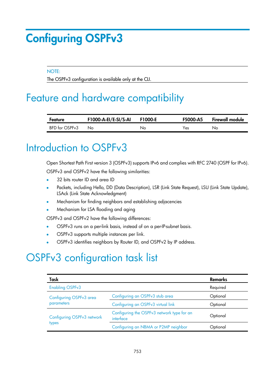 Configuring ospfv3, Feature and hardware compatibility, Introduction to ospfv3 | Ospfv3 configuration task list | H3C Technologies H3C SecPath F1000-E User Manual | Page 778 / 967