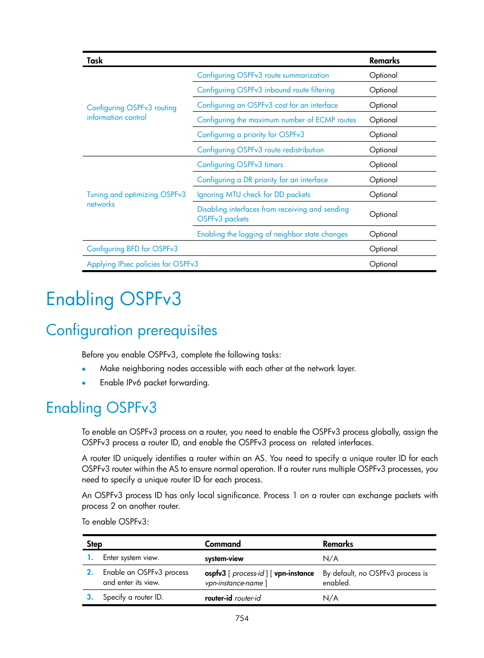 Enabling ospfv3, Configuration prerequisites | H3C Technologies H3C SecPath F1000-E User Manual | Page 779 / 967