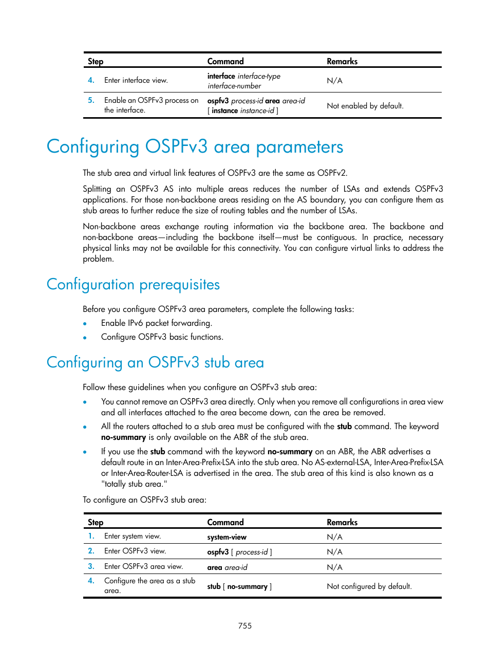 Configuring ospfv3 area parameters, Configuration prerequisites, Configuring an ospfv3 stub area | H3C Technologies H3C SecPath F1000-E User Manual | Page 780 / 967