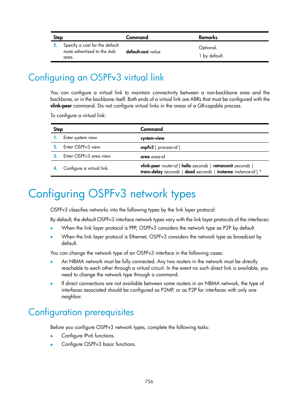 Configuring an ospfv3 virtual link, Configuring ospfv3 network types, Configuration prerequisites | H3C Technologies H3C SecPath F1000-E User Manual | Page 781 / 967