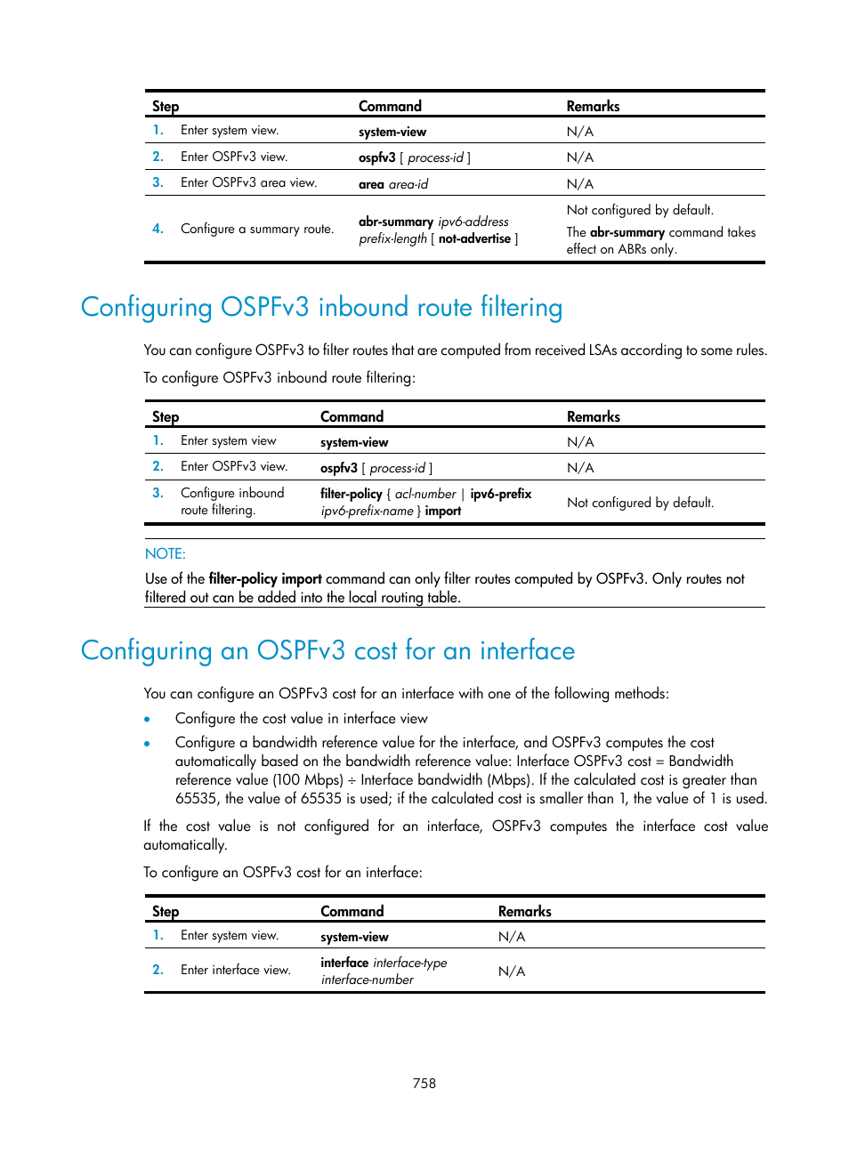 Configuring ospfv3 inbound route filtering, Configuring an ospfv3 cost for an interface | H3C Technologies H3C SecPath F1000-E User Manual | Page 783 / 967