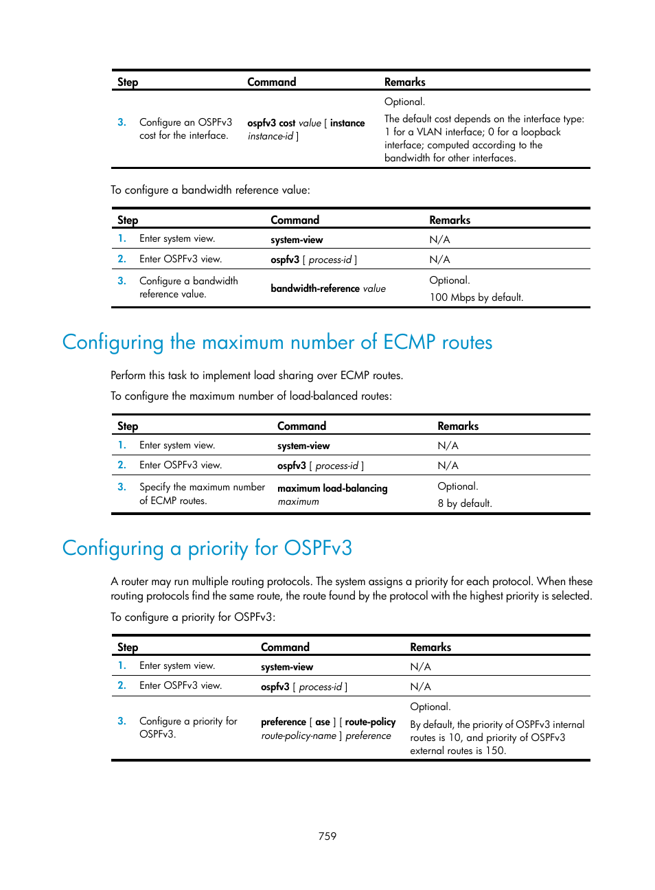 Configuring the maximum number of ecmp routes, Configuring a priority for ospfv3 | H3C Technologies H3C SecPath F1000-E User Manual | Page 784 / 967