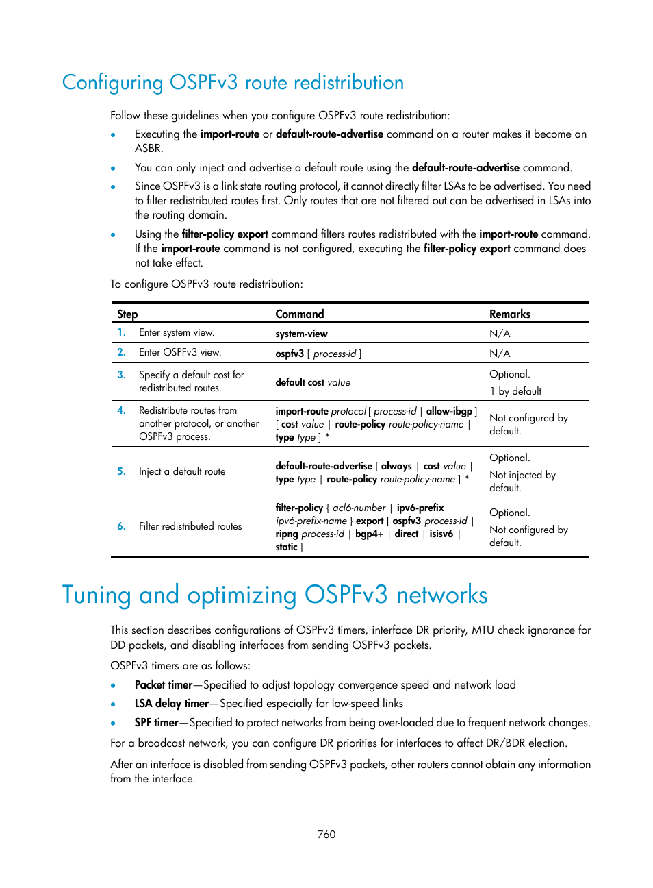 Configuring ospfv3 route redistribution, Tuning and optimizing ospfv3 networks, Tuning and optimizing ospfv3 | Networks | H3C Technologies H3C SecPath F1000-E User Manual | Page 785 / 967