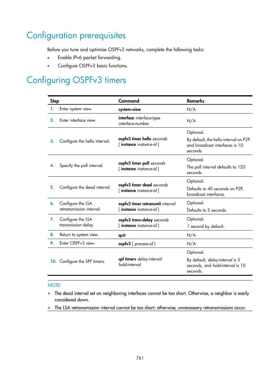 Configuration prerequisites, Configuring ospfv3 timers | H3C Technologies H3C SecPath F1000-E User Manual | Page 786 / 967