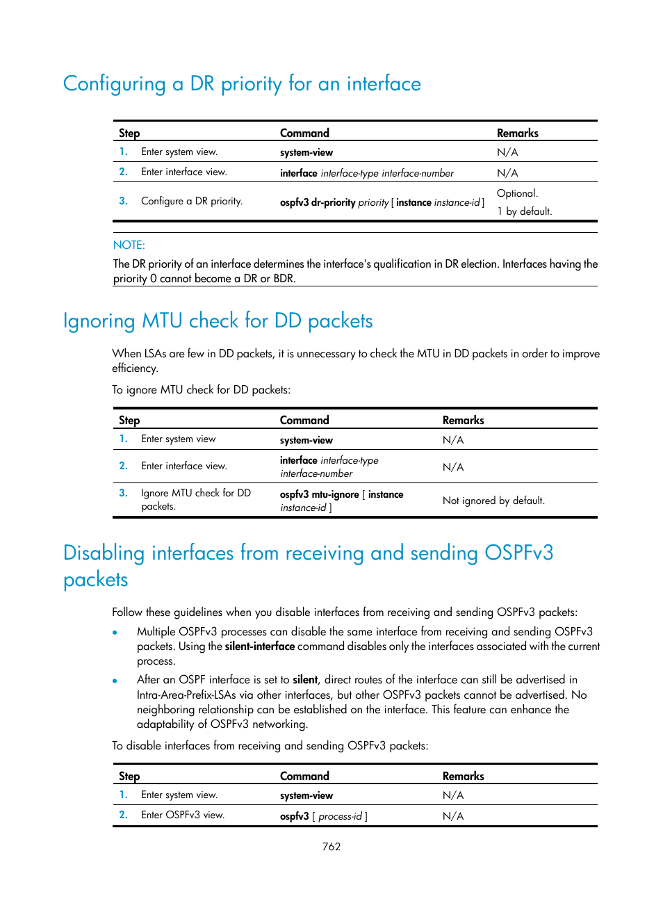 Configuring a dr priority for an interface, Ignoring mtu check for dd packets | H3C Technologies H3C SecPath F1000-E User Manual | Page 787 / 967