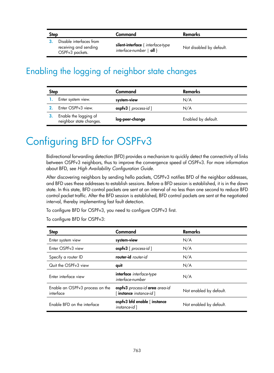 Enabling the logging of neighbor state changes, Configuring bfd for ospfv3 | H3C Technologies H3C SecPath F1000-E User Manual | Page 788 / 967