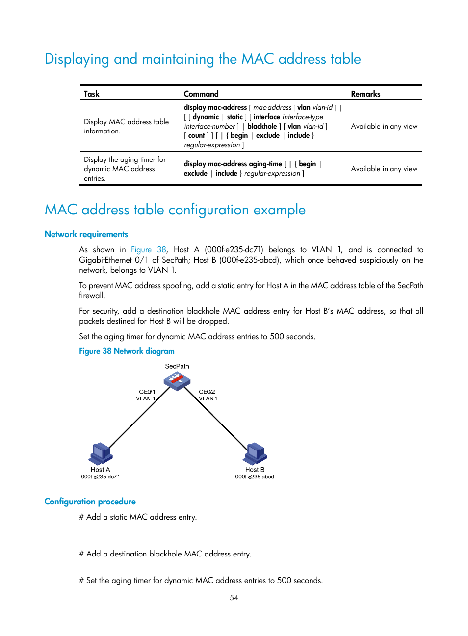 Displaying and maintaining the mac address table, Mac address table configuration example, Network requirements | Configuration procedure | H3C Technologies H3C SecPath F1000-E User Manual | Page 79 / 967