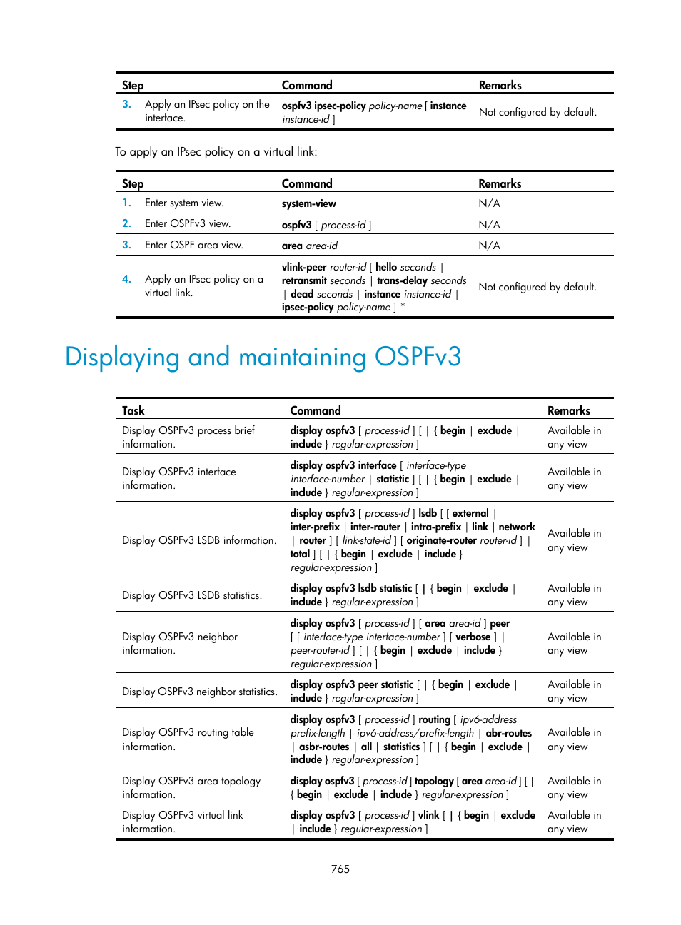 Displaying and maintaining ospfv3 | H3C Technologies H3C SecPath F1000-E User Manual | Page 790 / 967