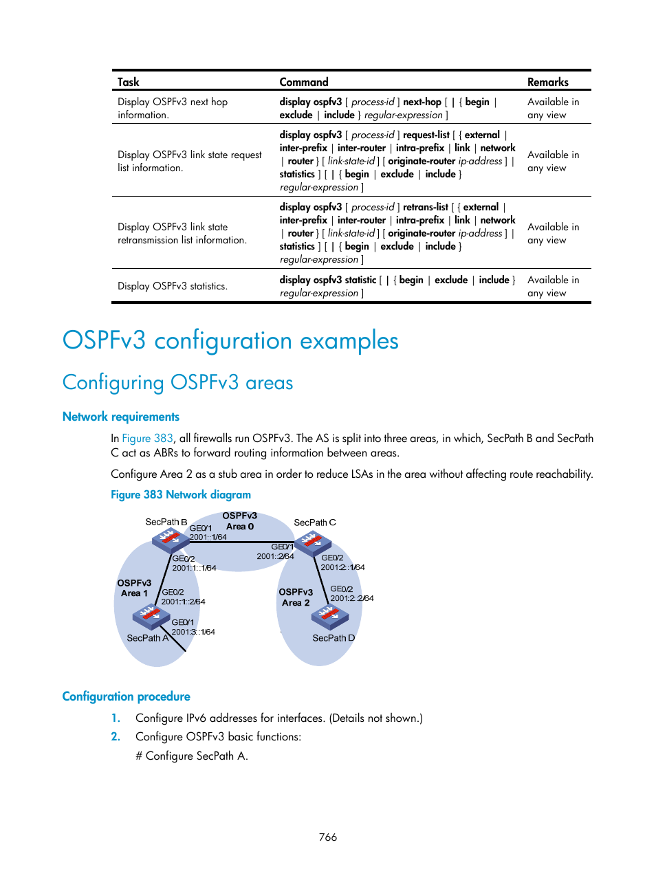 Ospfv3 configuration examples, Configuring ospfv3 areas, Network requirements | Configuration procedure | H3C Technologies H3C SecPath F1000-E User Manual | Page 791 / 967