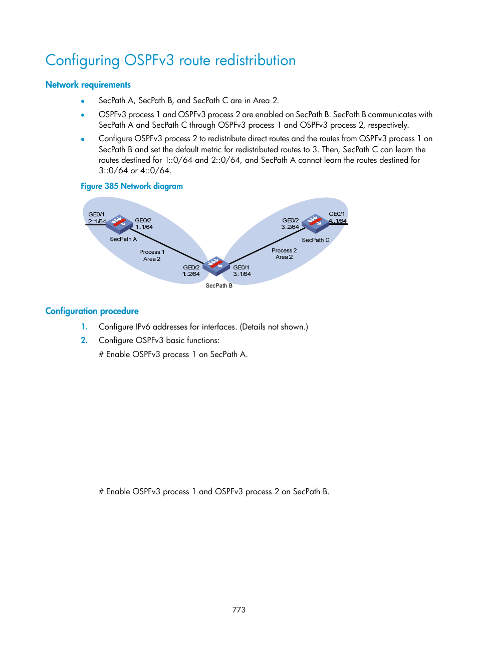 Configuring ospfv3 route redistribution, Network requirements, Configuration procedure | H3C Technologies H3C SecPath F1000-E User Manual | Page 798 / 967