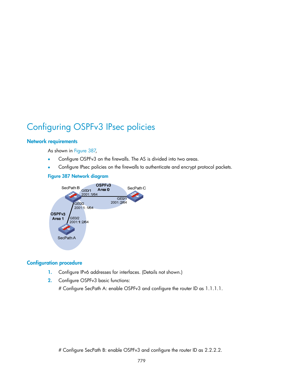 Configuring ospfv3 ipsec policies, Network requirements, Configuration procedure | H3C Technologies H3C SecPath F1000-E User Manual | Page 804 / 967