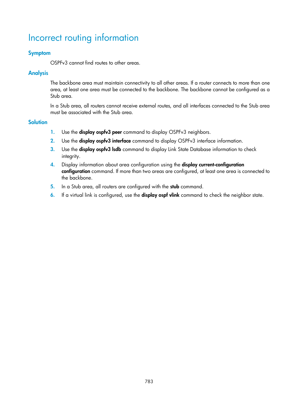 Incorrect routing information, Symptom, Analysis | Solution | H3C Technologies H3C SecPath F1000-E User Manual | Page 808 / 967