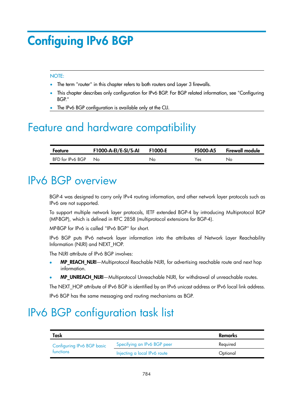 Configuing ipv6 bgp, Feature and hardware compatibility, Ipv6 bgp overview | Ipv6 bgp configuration task list | H3C Technologies H3C SecPath F1000-E User Manual | Page 809 / 967