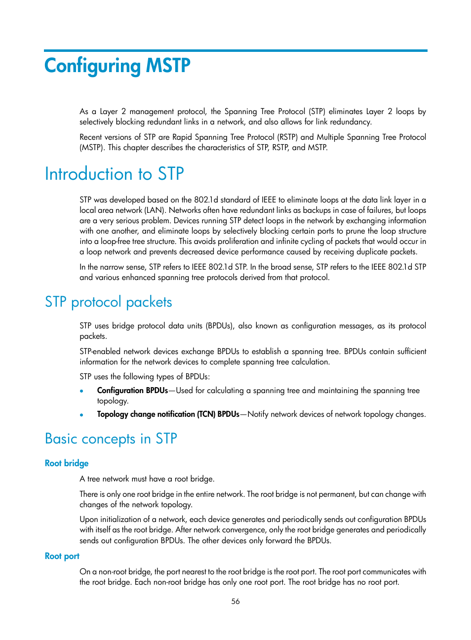 Configuring mstp, Introduction to stp, Stp protocol packets | Basic concepts in stp, Root bridge, Root port | H3C Technologies H3C SecPath F1000-E User Manual | Page 81 / 967