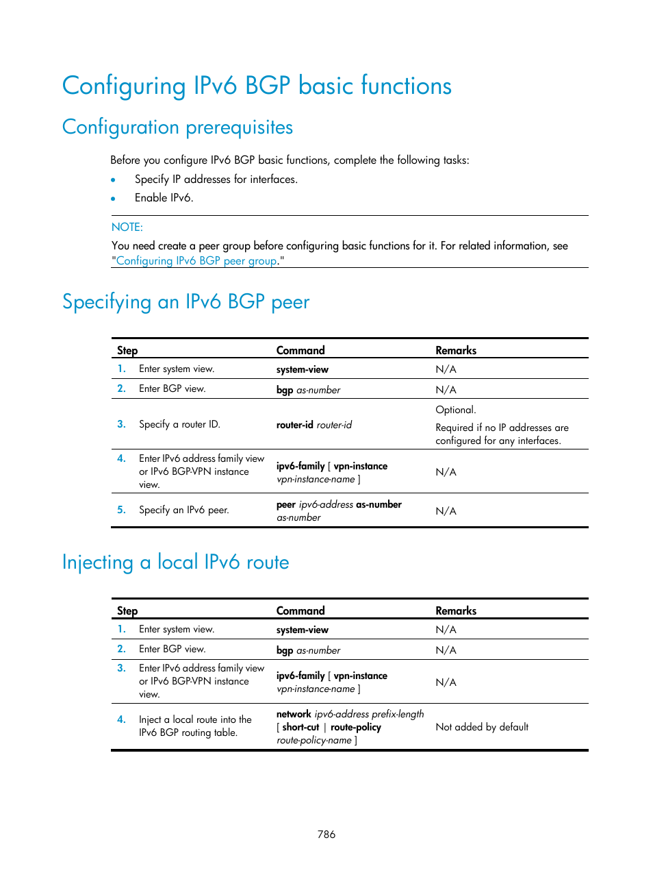 Configuring ipv6 bgp basic functions, Configuration prerequisites, Specifying an ipv6 bgp peer | Injecting a local ipv6 route | H3C Technologies H3C SecPath F1000-E User Manual | Page 811 / 967
