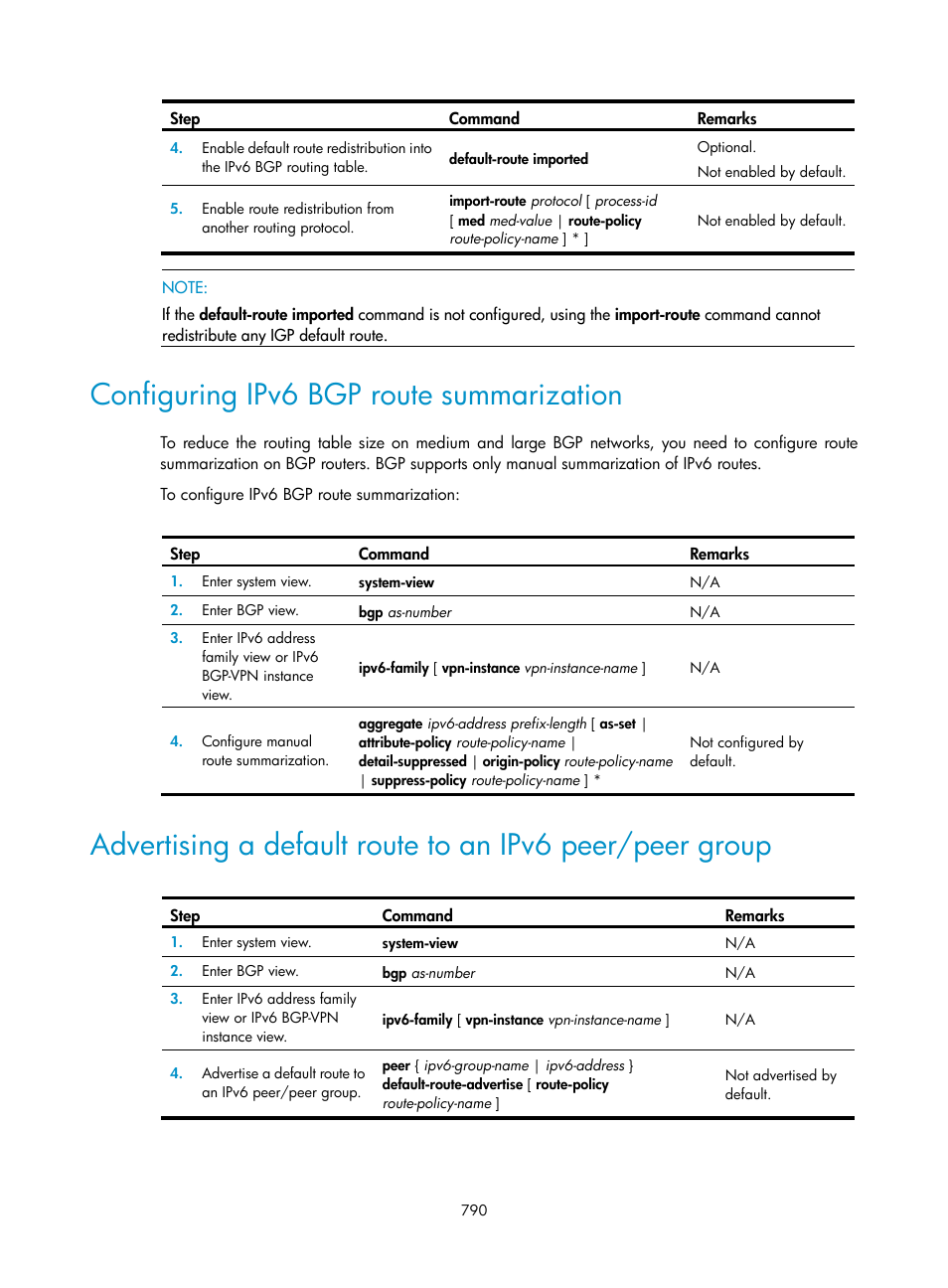 Configuring ipv6 bgp route summarization | H3C Technologies H3C SecPath F1000-E User Manual | Page 815 / 967