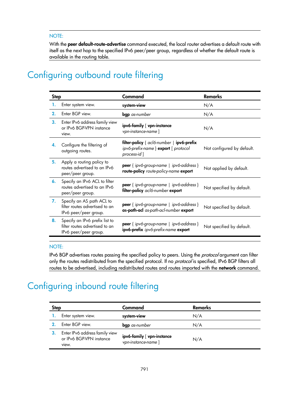 Configuring outbound route filtering, Configuring inbound route filtering | H3C Technologies H3C SecPath F1000-E User Manual | Page 816 / 967