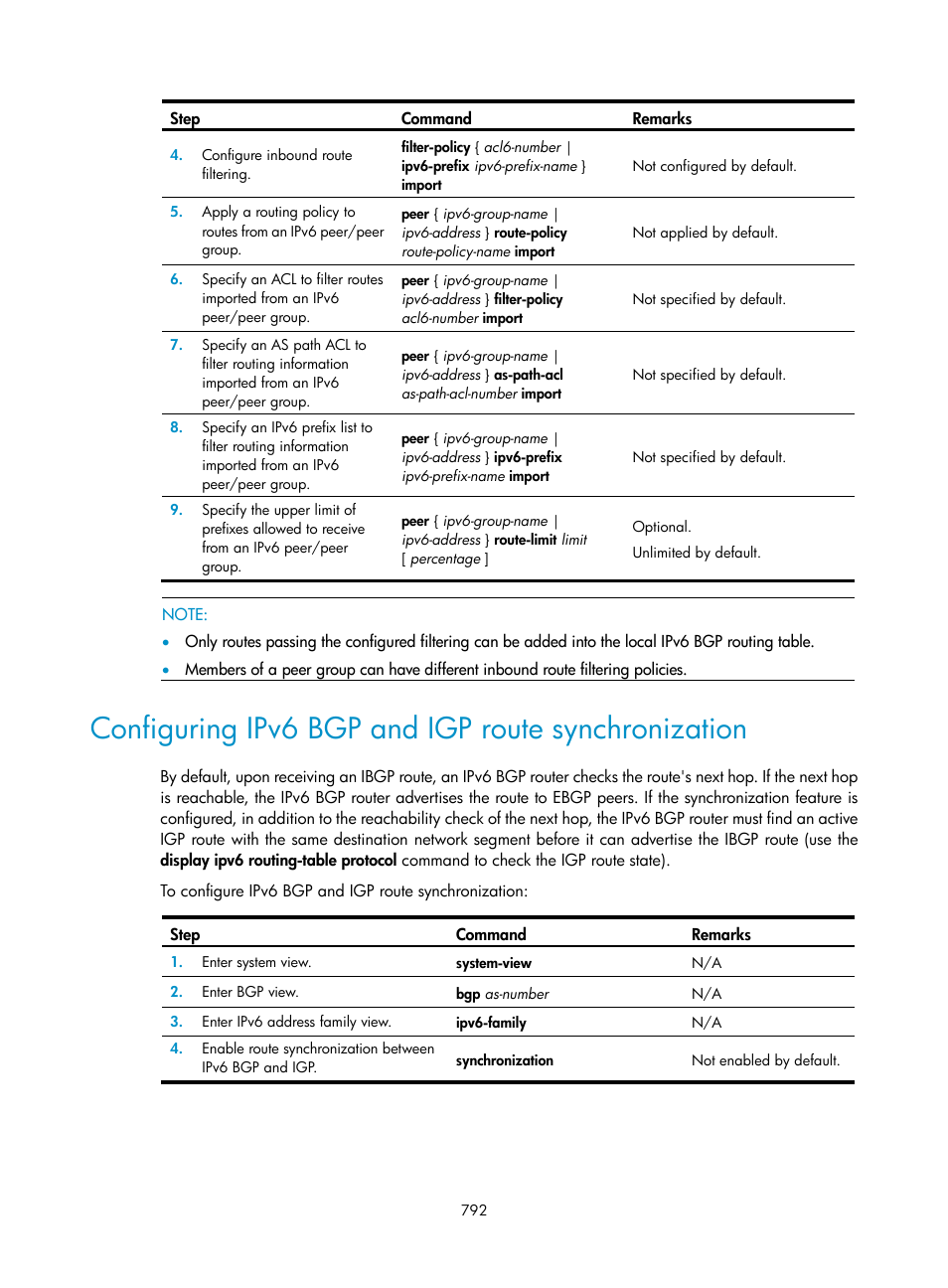 Configuring ipv6 bgp and igp route synchronization | H3C Technologies H3C SecPath F1000-E User Manual | Page 817 / 967