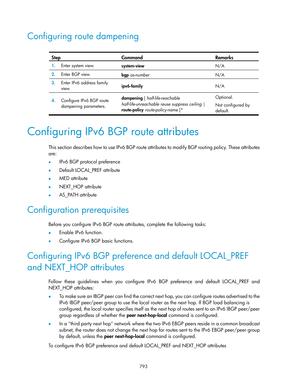 Configuring route dampening, Configuring ipv6 bgp route attributes, Configuration prerequisites | H3C Technologies H3C SecPath F1000-E User Manual | Page 818 / 967