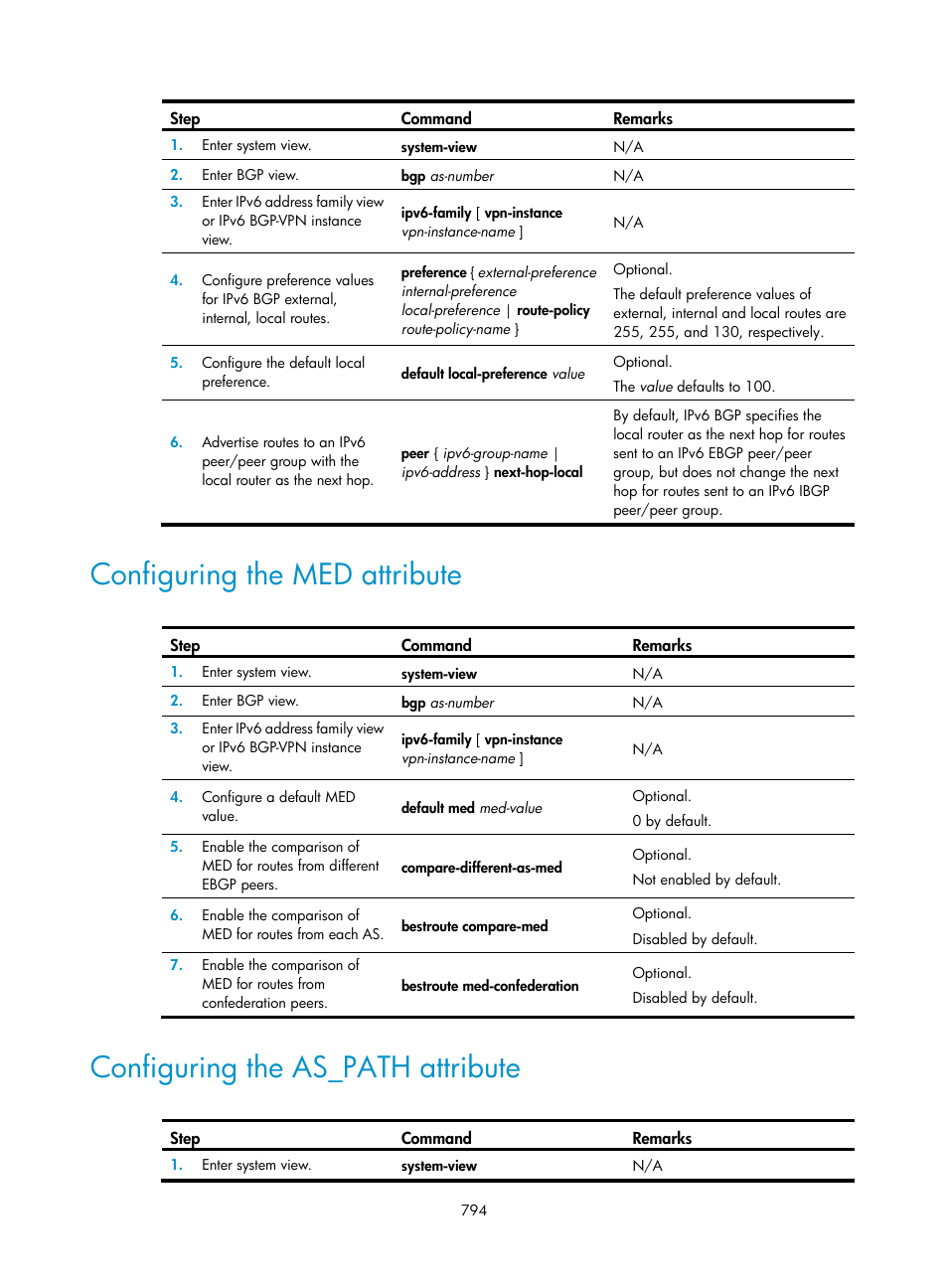 Configuring the med attribute, Configuring the as_path attribute | H3C Technologies H3C SecPath F1000-E User Manual | Page 819 / 967