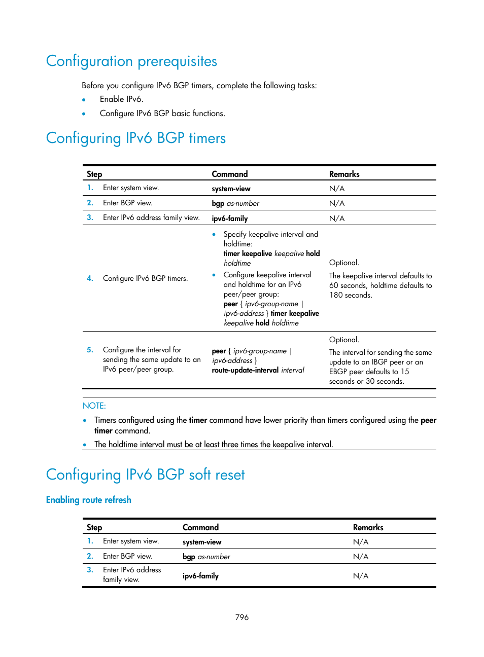 Configuration prerequisites, Configuring ipv6 bgp timers, Configuring ipv6 bgp soft reset | Enabling route refresh | H3C Technologies H3C SecPath F1000-E User Manual | Page 821 / 967