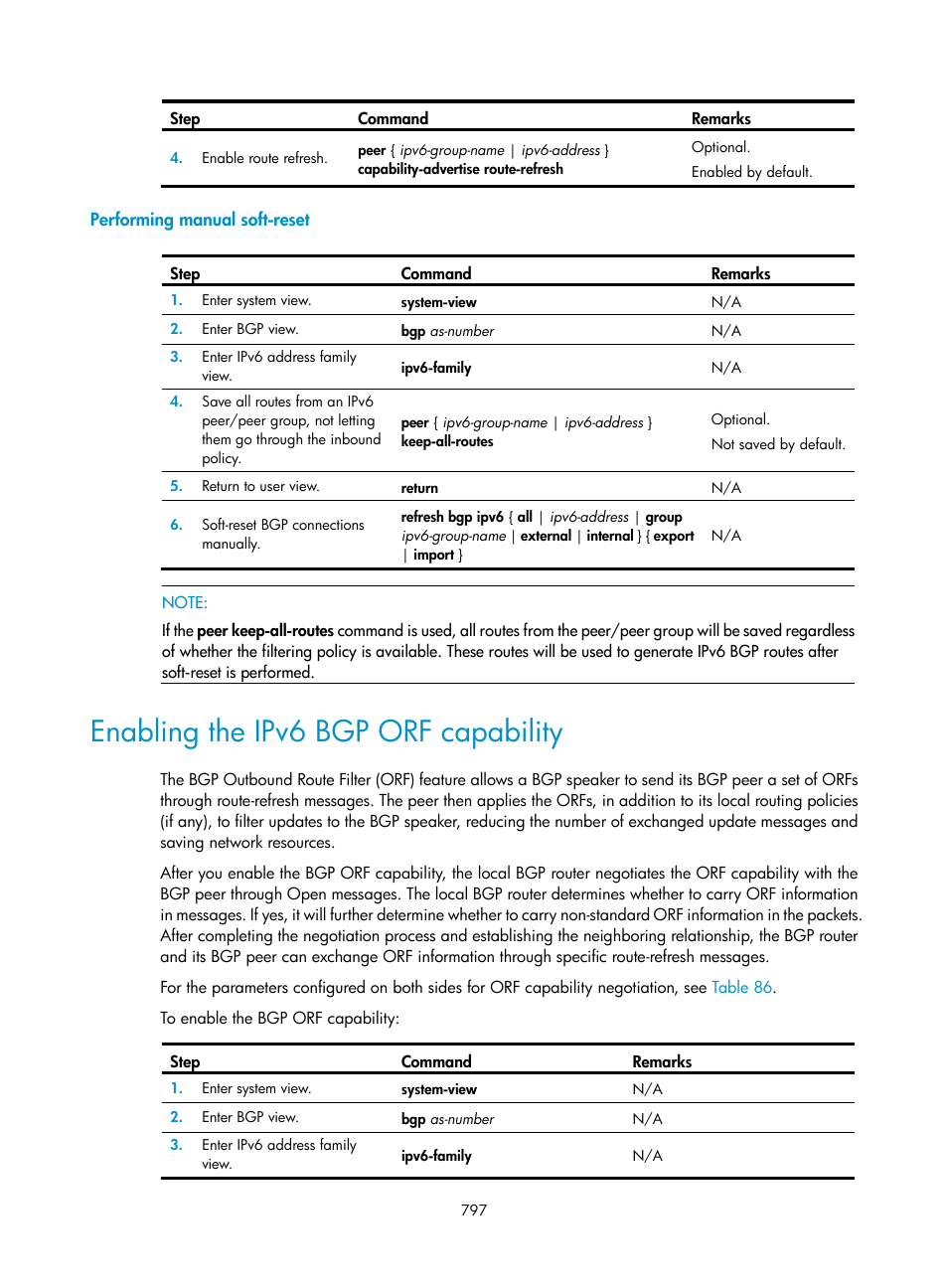 Performing manual soft-reset, Enabling the ipv6 bgp orf capability | H3C Technologies H3C SecPath F1000-E User Manual | Page 822 / 967