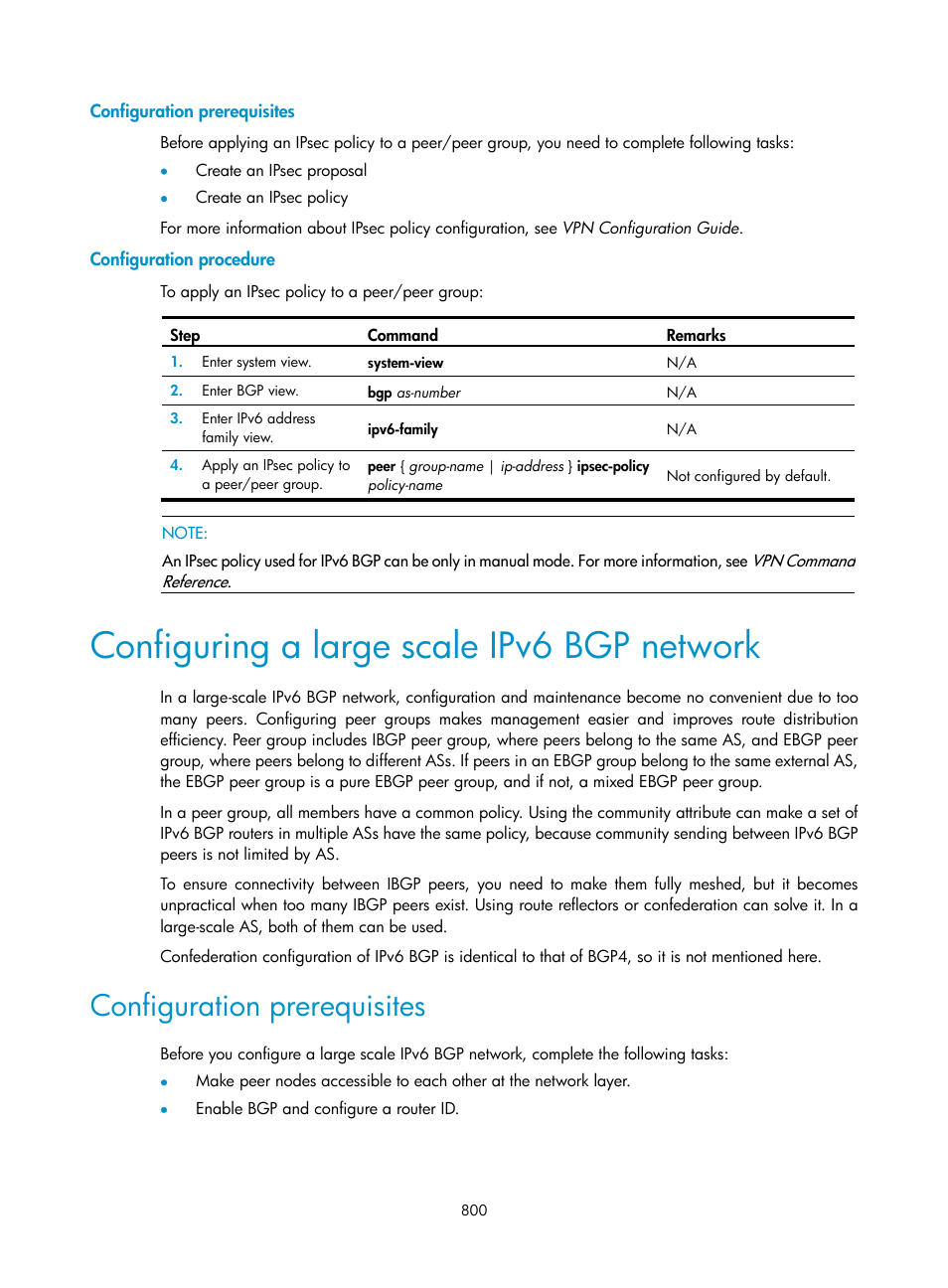 Configuration prerequisites, Configuration procedure, Configuring a large scale ipv6 bgp network | H3C Technologies H3C SecPath F1000-E User Manual | Page 825 / 967