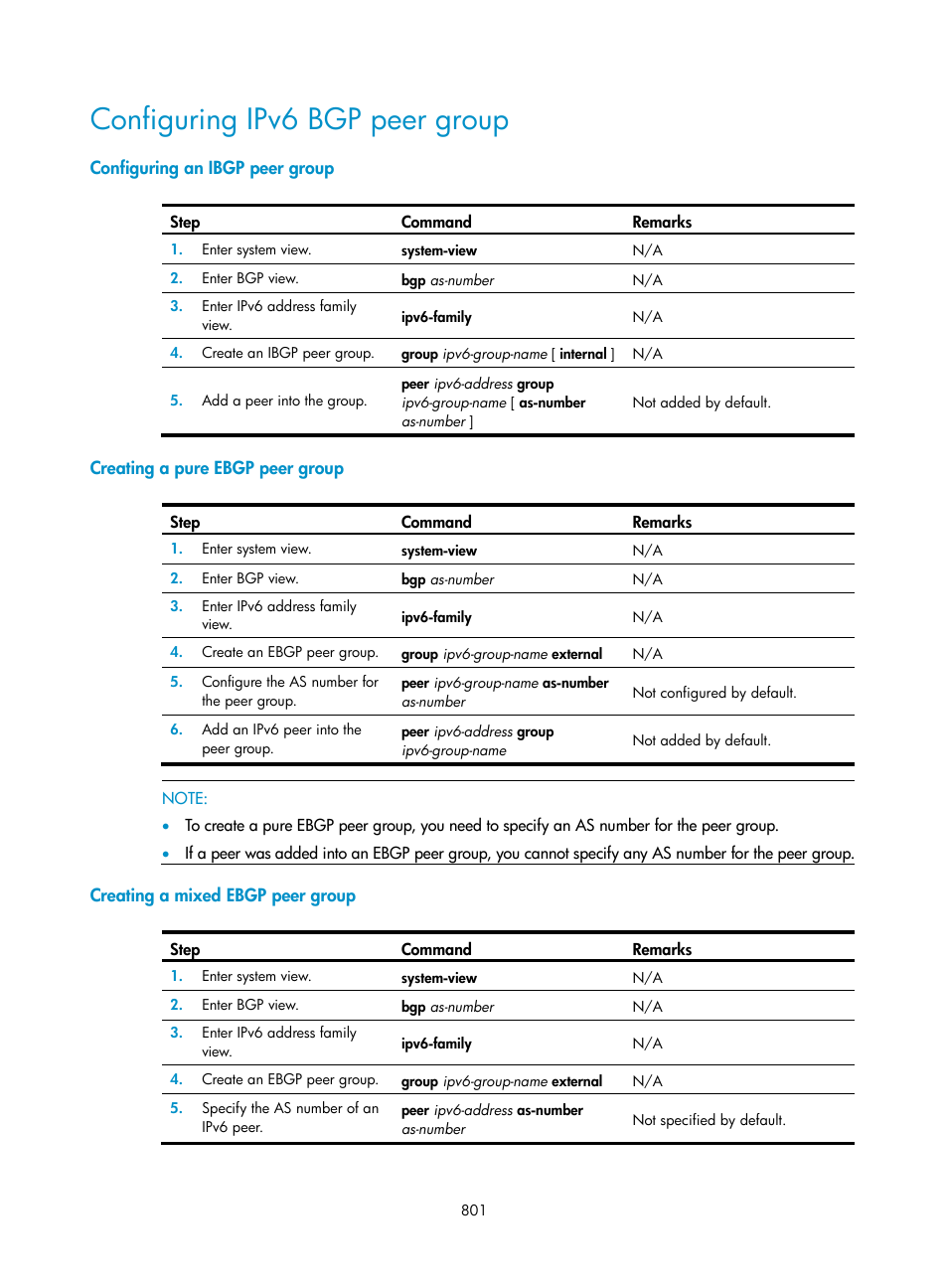 Configuring ipv6 bgp peer group, Configuring an ibgp peer group, Creating a pure ebgp peer group | Creating a mixed ebgp peer group | H3C Technologies H3C SecPath F1000-E User Manual | Page 826 / 967