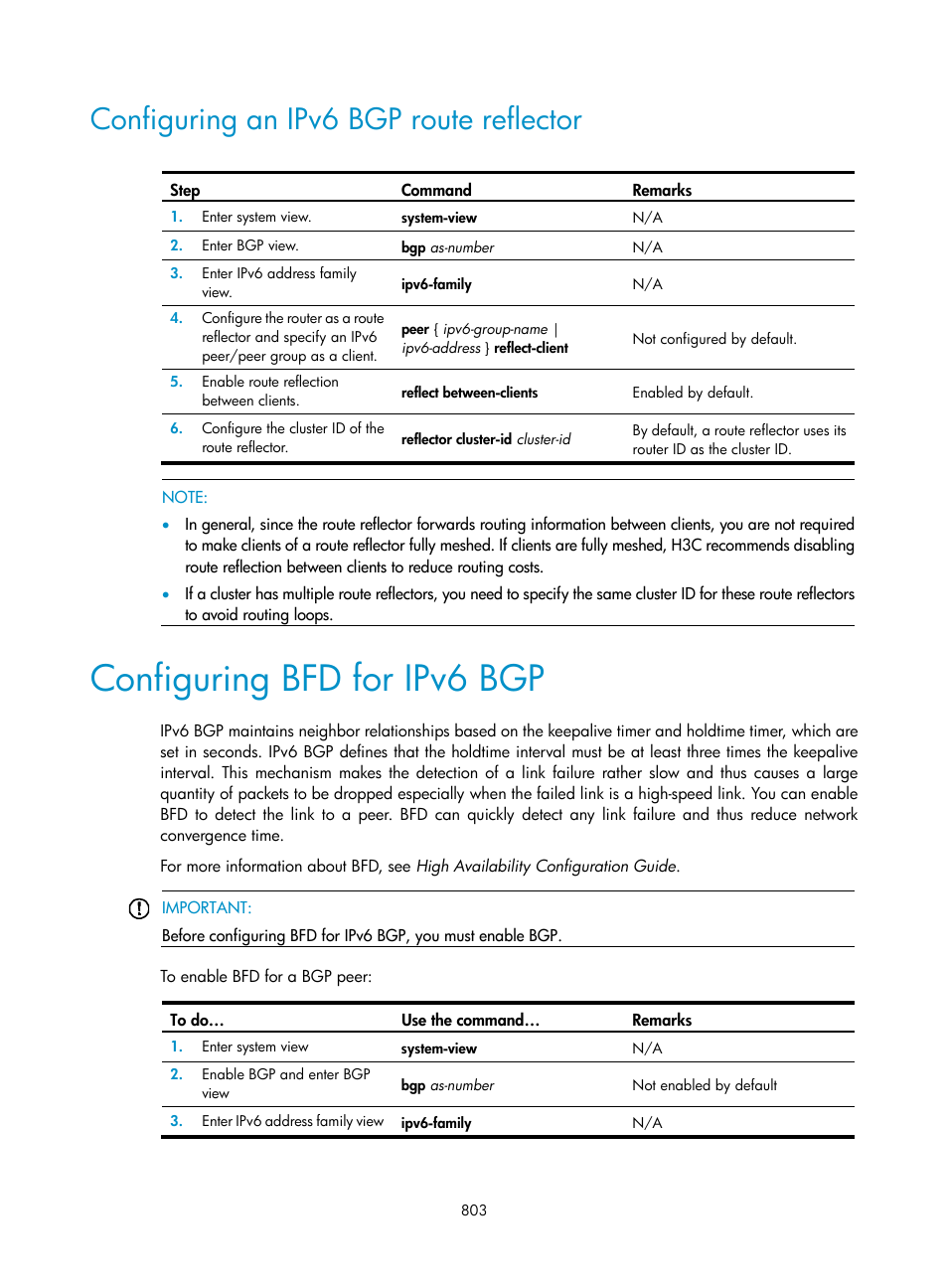 Configuring an ipv6 bgp route reflector, Configuring bfd for ipv6 bgp | H3C Technologies H3C SecPath F1000-E User Manual | Page 828 / 967