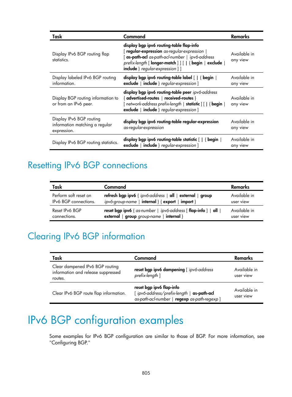 Resetting ipv6 bgp connections, Clearing ipv6 bgp information, Ipv6 bgp configuration examples | H3C Technologies H3C SecPath F1000-E User Manual | Page 830 / 967