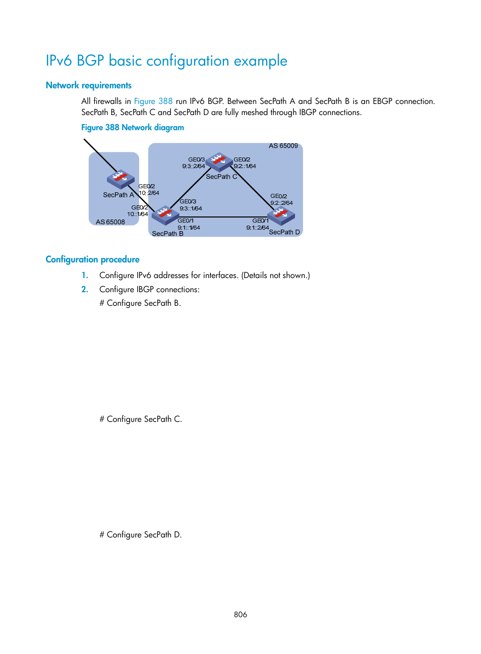 Ipv6 bgp basic configuration example, Network requirements, Configuration procedure | H3C Technologies H3C SecPath F1000-E User Manual | Page 831 / 967