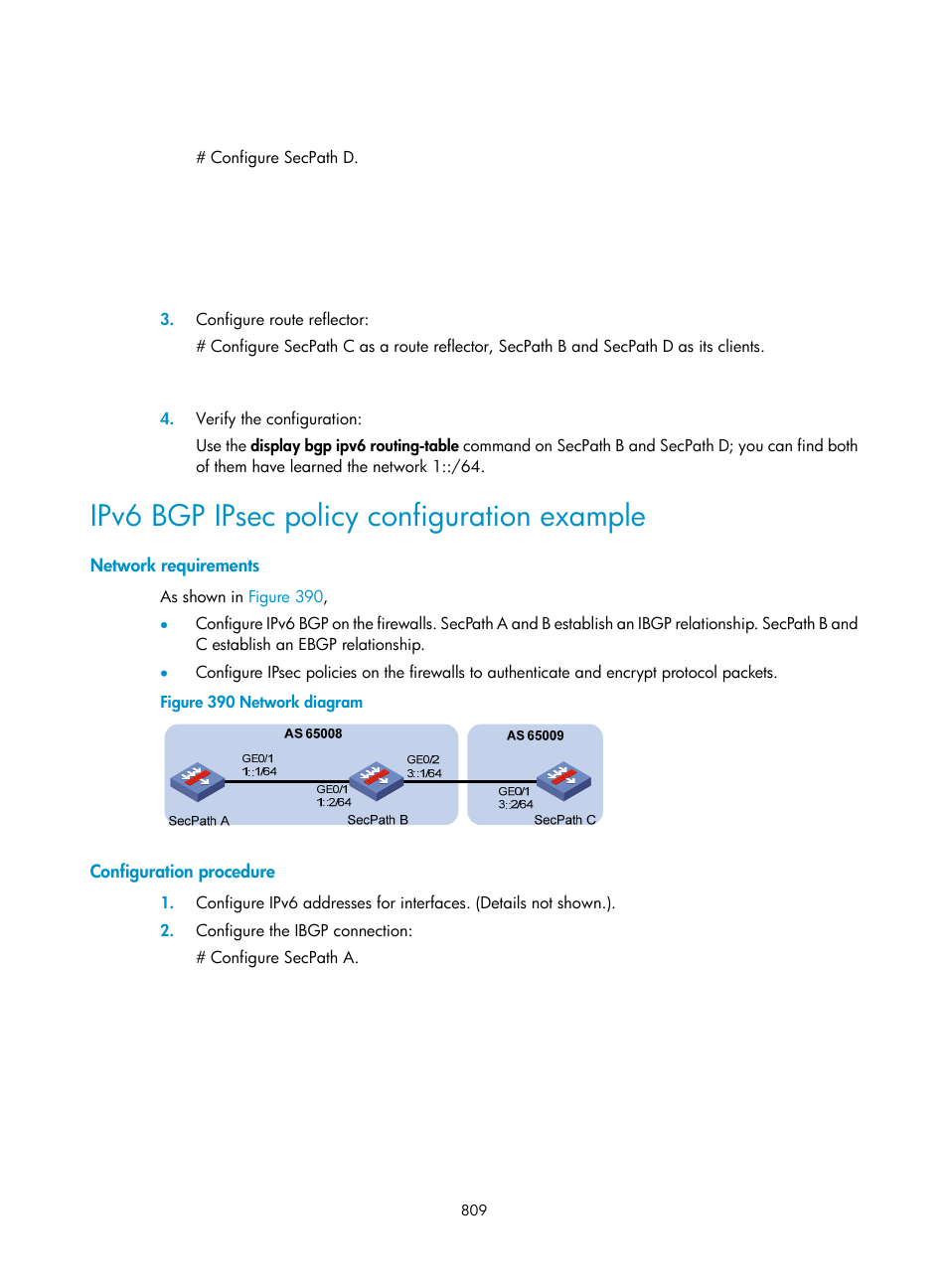 Ipv6 bgp ipsec policy configuration example, Network requirements, Configuration procedure | H3C Technologies H3C SecPath F1000-E User Manual | Page 834 / 967