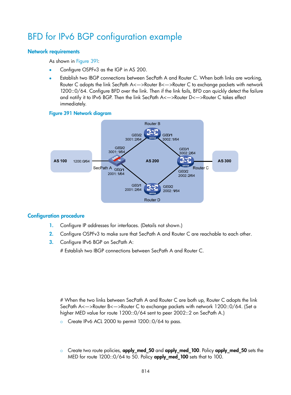 Bfd for ipv6 bgp configuration example, Network requirements, Configuration procedure | H3C Technologies H3C SecPath F1000-E User Manual | Page 839 / 967