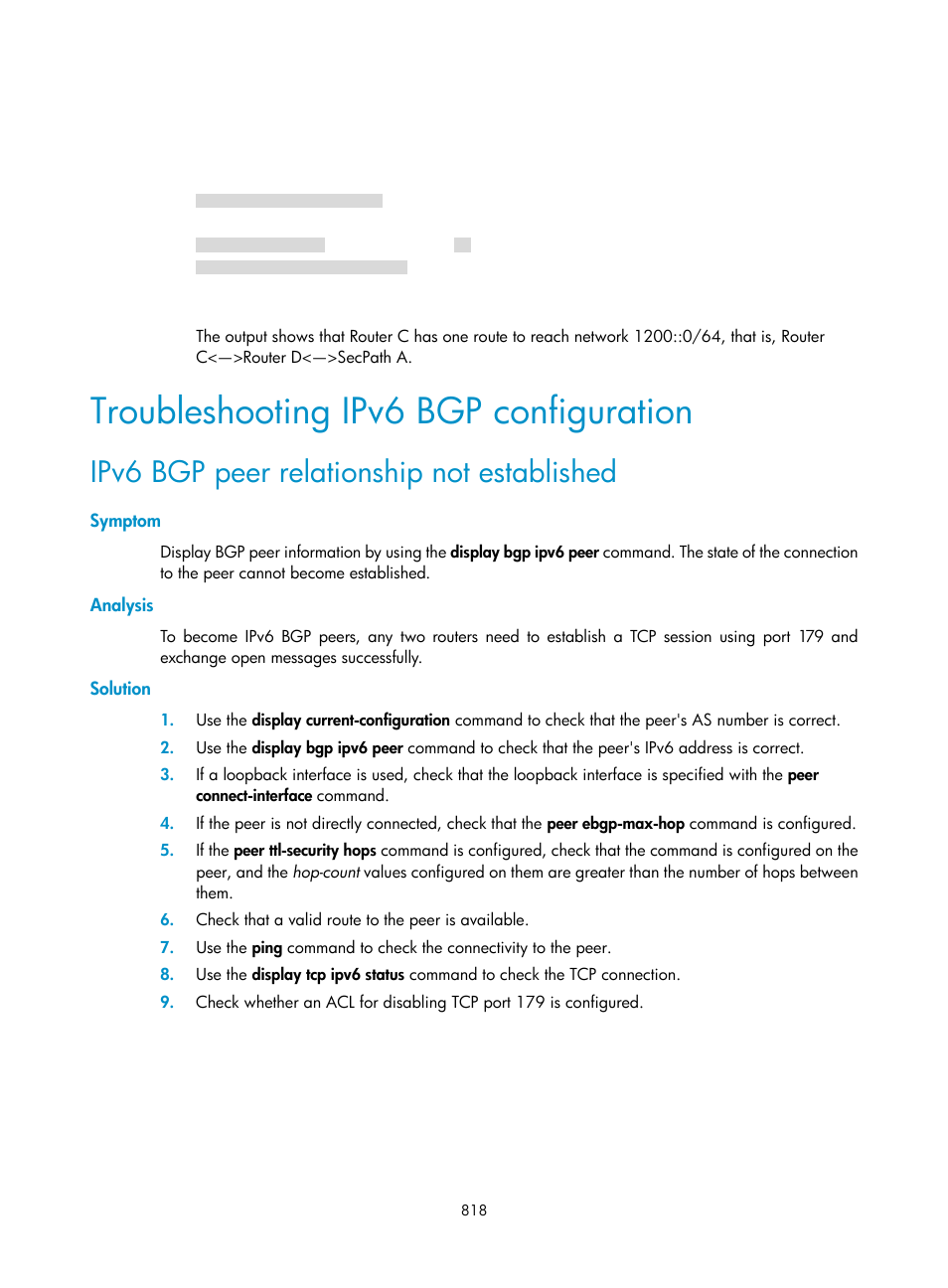 Troubleshooting ipv6 bgp configuration, Ipv6 bgp peer relationship not established, Symptom | Analysis, Solution | H3C Technologies H3C SecPath F1000-E User Manual | Page 843 / 967