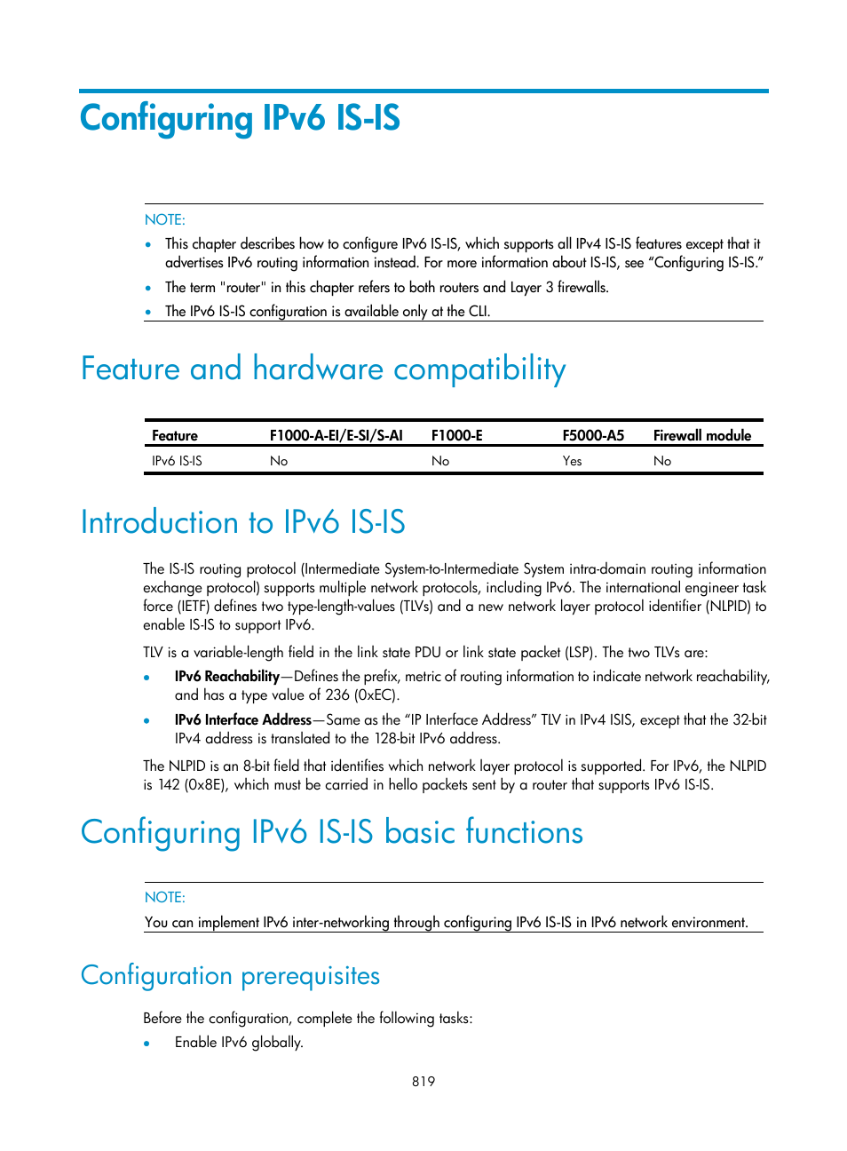 Configuring ipv6 is-is, Feature and hardware compatibility, Introduction to ipv6 is-is | Configuring ipv6 is-is basic functions, Configuration prerequisites | H3C Technologies H3C SecPath F1000-E User Manual | Page 844 / 967