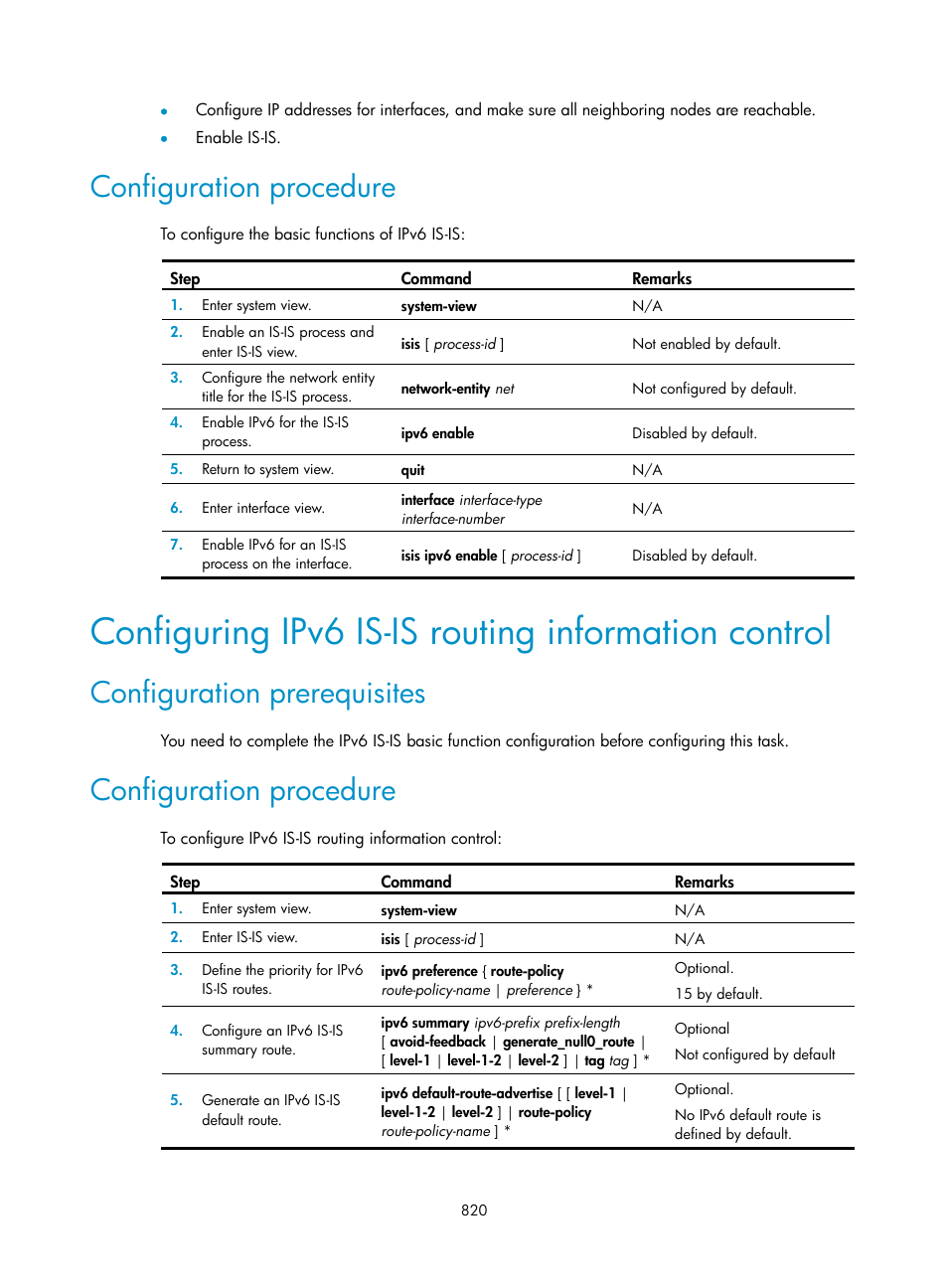 Configuration procedure, Configuring ipv6 is-is routing information control, Configuration prerequisites | H3C Technologies H3C SecPath F1000-E User Manual | Page 845 / 967