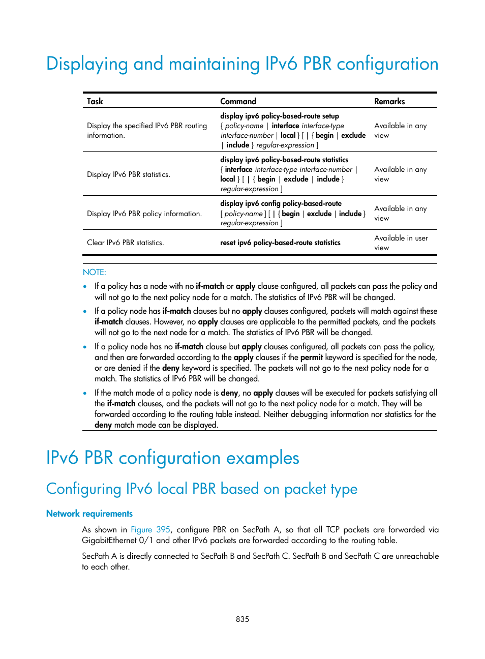 Displaying and maintaining ipv6 pbr configuration, Ipv6 pbr configuration examples, Configuring ipv6 local pbr based on packet type | Network requirements | H3C Technologies H3C SecPath F1000-E User Manual | Page 860 / 967