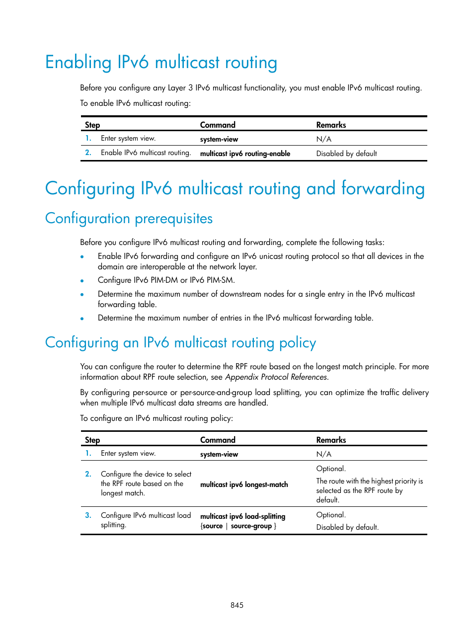 Enabling ipv6 multicast routing, Configuring ipv6 multicast routing and forwarding, Configuration prerequisites | Configuring an ipv6 multicast routing policy | H3C Technologies H3C SecPath F1000-E User Manual | Page 870 / 967