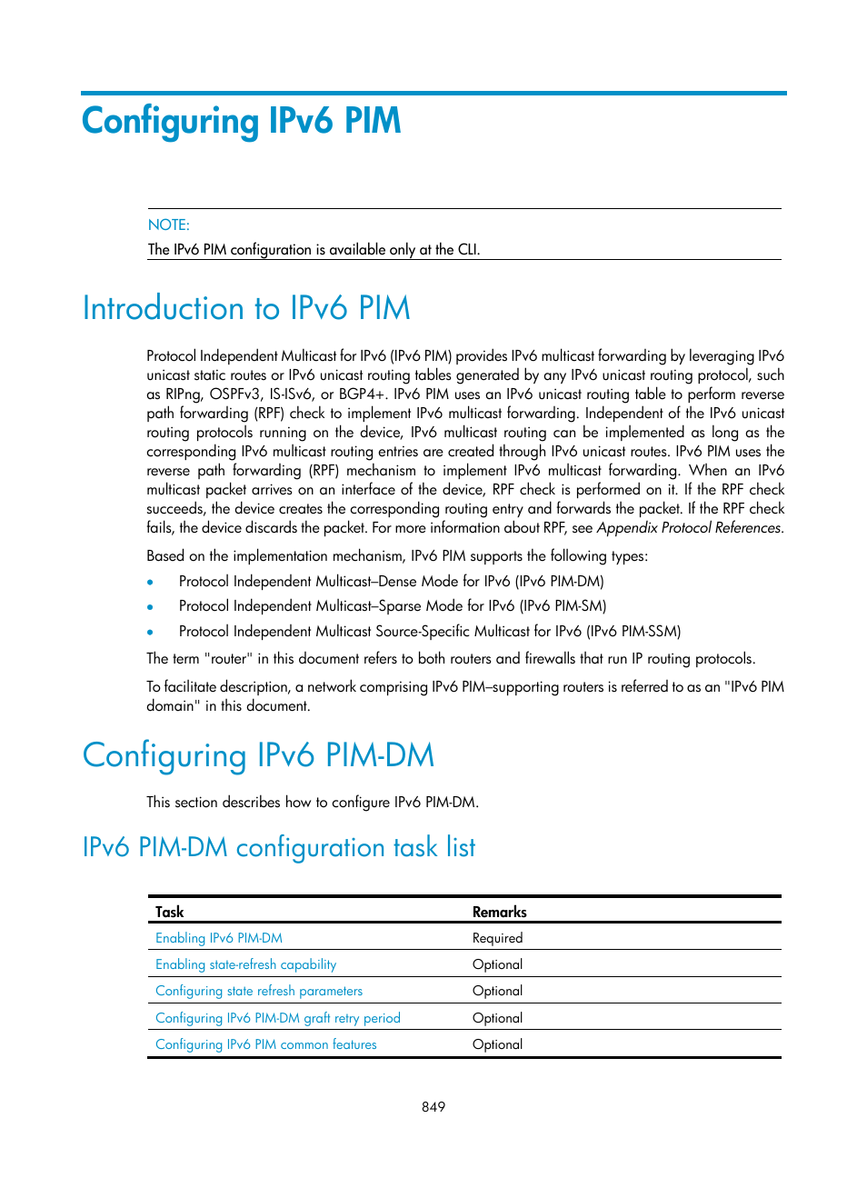 Configuring ipv6 pim, Introduction to ipv6 pim, Configuring ipv6 pim-dm | Ipv6 pim-dm configuration task list | H3C Technologies H3C SecPath F1000-E User Manual | Page 874 / 967