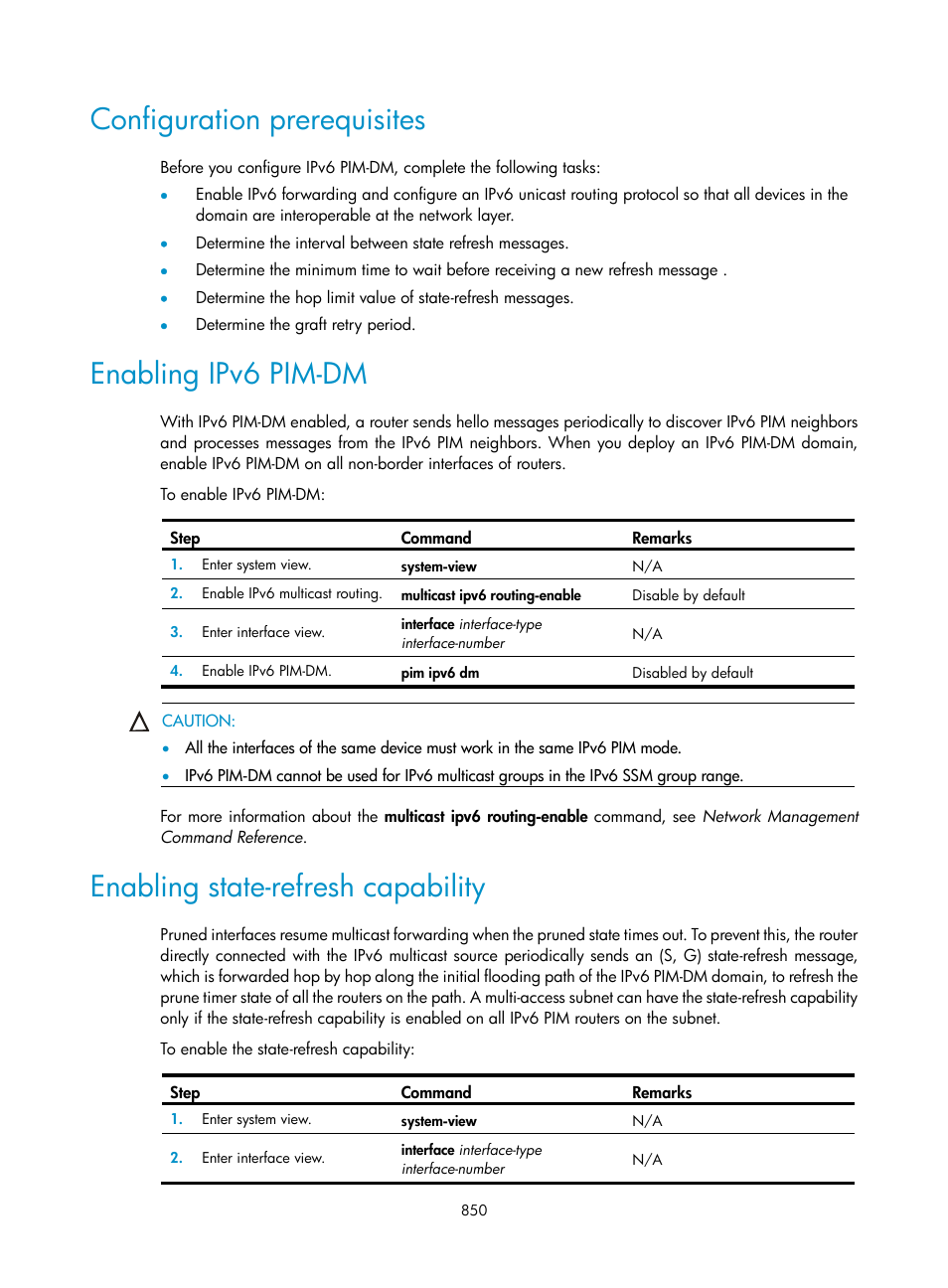 Configuration prerequisites, Enabling ipv6 pim-dm, Enabling state-refresh capability | H3C Technologies H3C SecPath F1000-E User Manual | Page 875 / 967